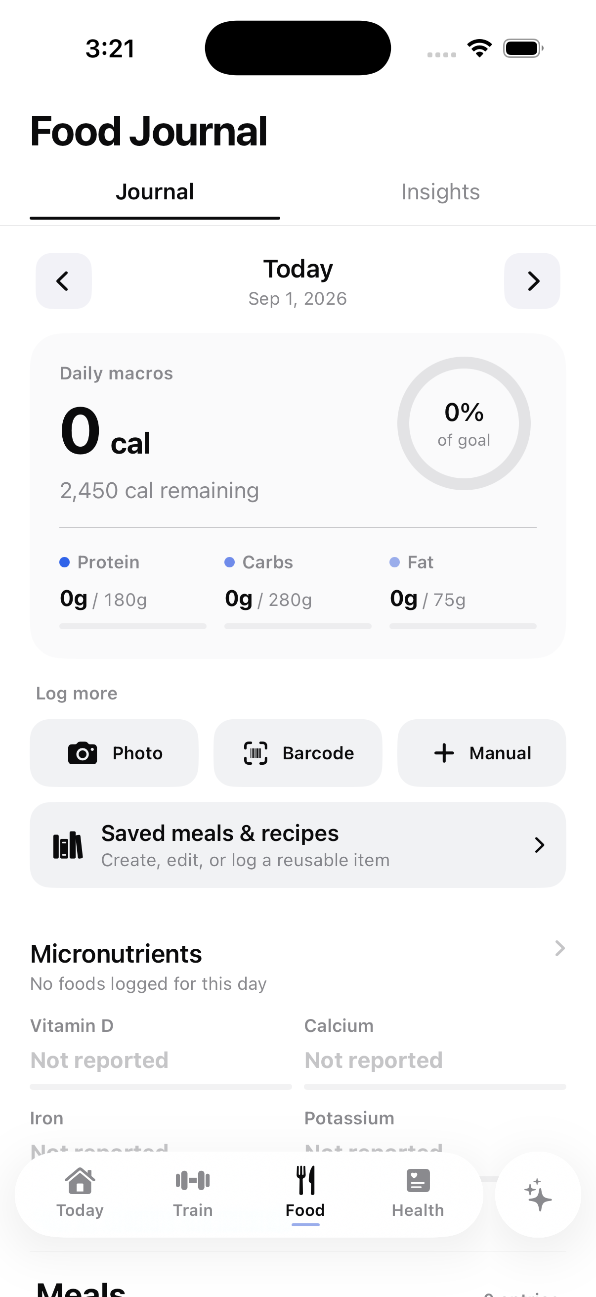 Form Food Journal screen
